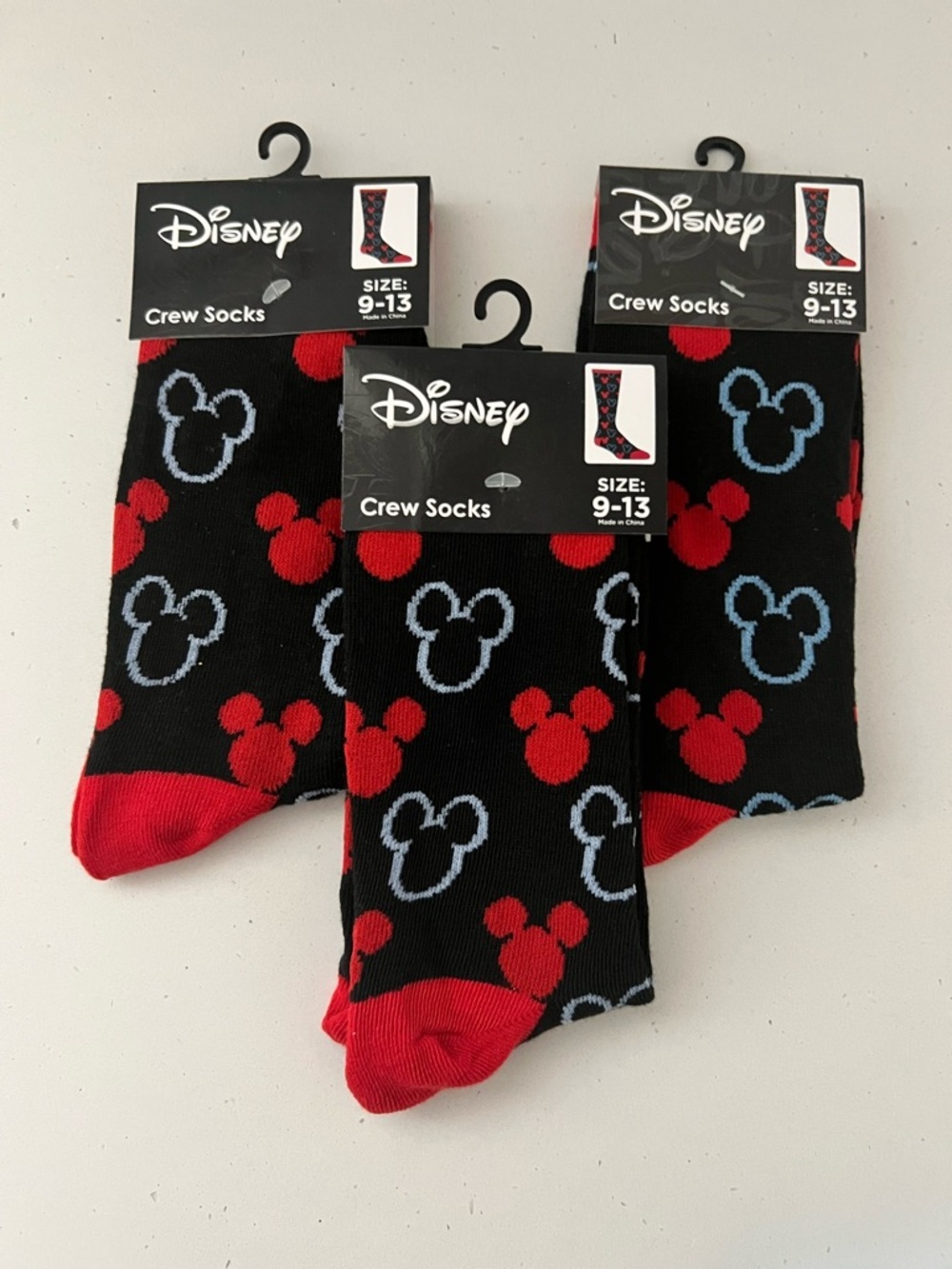 NWT Disney Mickey Mouse Crew Socks Set of 3 Size 9-13 Black Red Unisex
